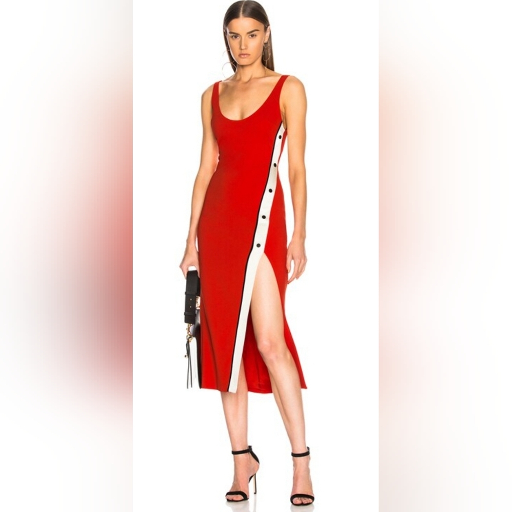 Red Asymmetrical Side-Slit Dress with Contrast Trim
